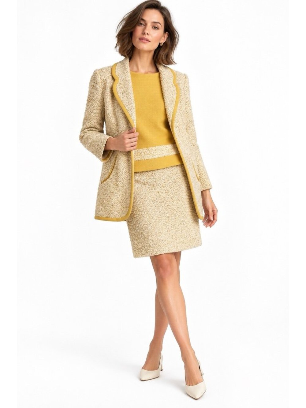 vintage LILLI ANN 3 piece boucle suit jacket skirt top XXS XS mod 60s mustard